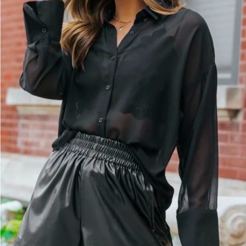 Magnolia Sheer Black Long Sleeve Button Down Shirt Women’s M NWOT